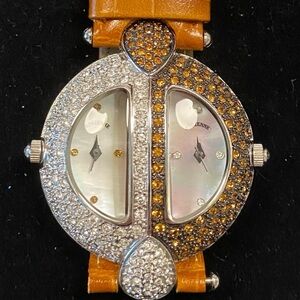 Vintage  Dual Dial Rhinestone Watch with Cognac leather Strap